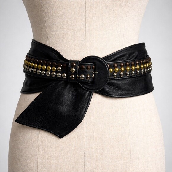 Vintage 80's very Wide Studded statement Belt womens black leather punk Sz Small - Picture 2 of 8